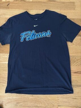 Nike Navy Myrtle Beach Pelicans Script Tee with Light Blue Accent